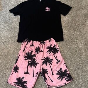 Kids Black Tee and Pink Palm-Print Set